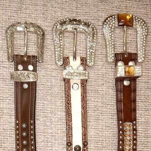 Set of Studded and Rhinestone Belts - Brown, Tan, Cream